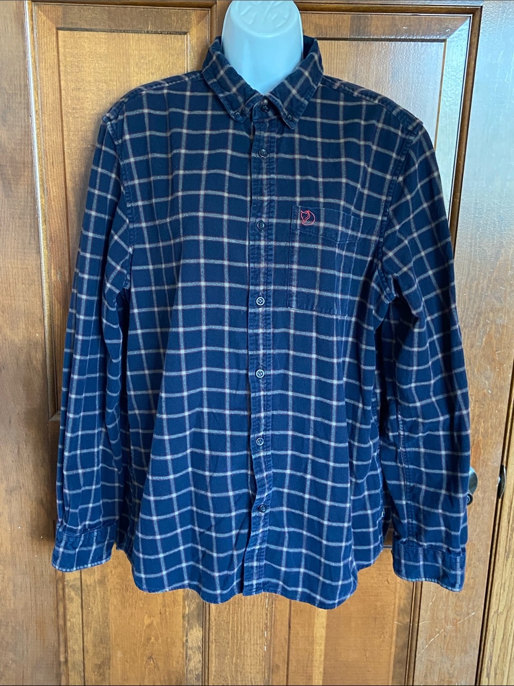 FJALL RAVEN Ovik Flannel Button Up Shirt Navy Blue Brown Plaid Cotton X Large